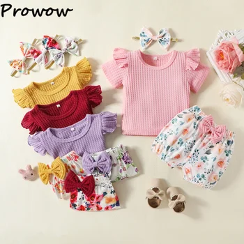 Prowow, Летний комплект одежды для новорожденных девочек от 0 до 3 лет, однотонный пуловер с вафлями, топ + Шорты с цветочным бантом, 3 шт., одежда для маленьких девочек, 3 шт.