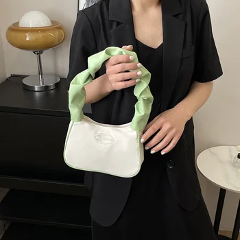 Женская сумка контрастного цвета, женские сумки, плиссированная нейлоновая модная сумка для покупок, повседневная женская элегантная сумочка, сумка через плечо.