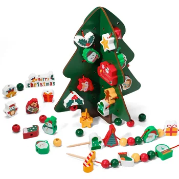 Рождественские деревянные игрушки Игра наряжание Рождественской елки Строительный блок Нарезание резьбы Укладка Обучающая игрушка Монтессори Рождественский подарок для ребенка