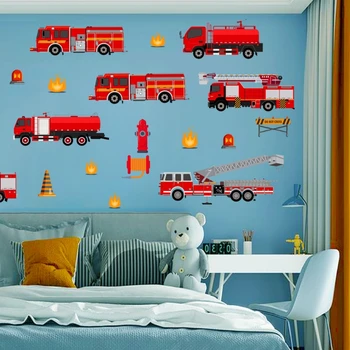 наклейка на стену из ПВХ 2шт, Наклейка на стену с рисунком мультяшной машинки для дома, Комбинированное украшение стены на фоне красной пожарной машины