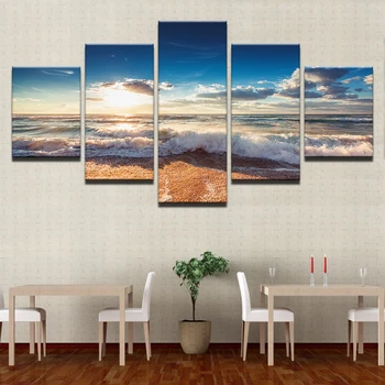 Настенные картины на холсте, Рамки для домашнего декора, 5 предметов, Солнечный пляж, Морские волны, Картины с морскими пейзажами, Модульный плакат с голубым небом