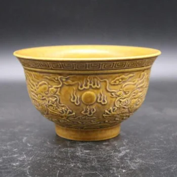 Чаша для обжига в китайской печи Song Jizhou с резьбой по желтой стекловидной эмали в виде дракона 4,92