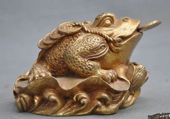 старый Фарфор бронза 24 каратное золото Позолоченная монета богатства lotus Золотая жаба bufo spittor статуя