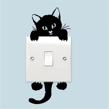 Черный Милый Кот, выключатель света, телефон, наклейки на стену для украшения дома своими руками, наклейки на стены с мультяшными животными, настенные росписи в спальне из ПВХ