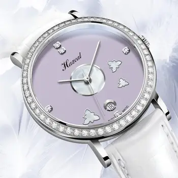 Швейцарский люксовый бренд HAZEAL Женские автоматические механические часы с сапфиром и бриллиантами, водонепроницаемые кожаные часы с автоматической датой 521314