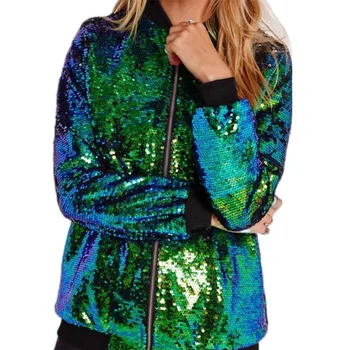 Европейская модная Женская бейсбольная куртка с зелеными блестками и воротником-стойкой 2023, Весенне-осеннее женское повседневное пальто с пайетками на молнии