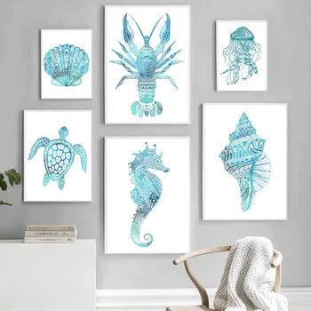 Омар, морской конек, ракушка, медуза, винтажный плакат и печать на холсте, скандинавские настенные панно для декора гостиной