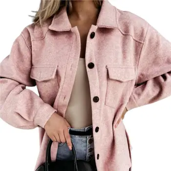 Толстая однотонная женская куртка с отложным воротником, осеннее пальто, теплое для повседневной носки