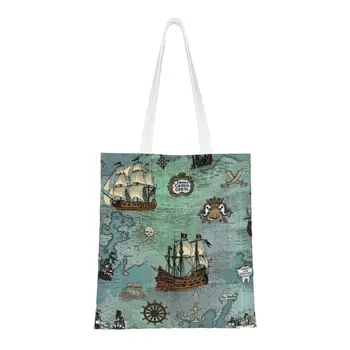 Пиратская карта с морским принтом, сумки для покупок, женские сумки-тоут с черепом моряка, холщовые сумки для покупок, сумки большой емкости