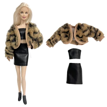 NK 1 комплект благородного платья куклы: искусственный мех ручной работы + Черный ТОП + юбка из искусственной кожи для куклы Барби 1/6 Модная одежда Игрушки