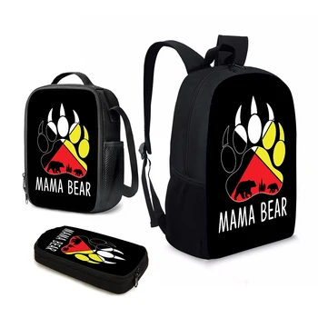 Дизайн медвежьей лапы YIKELUO/Mama Bear, черный Модный прочный рюкзак, подарочная сумка для школьников из 3 предметов, изолированная сумка для ланча