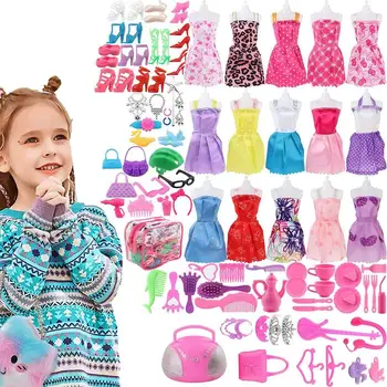 Модная одежда для кукол 105 предметов, одежда и аксессуары для кукол, 15 Мини-юбок, 90 Туфель, ювелирные изделия, ожерелье, аксессуары для девочек в подарок