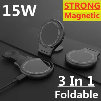 Магнитная Подставка Для Беспроводного Зарядного Устройства 3 в 1 Для iPhone 12 13 14 Pro Max 11 Apple Watch Airpods Складная Станция Быстрой Зарядки мощностью 15 Вт