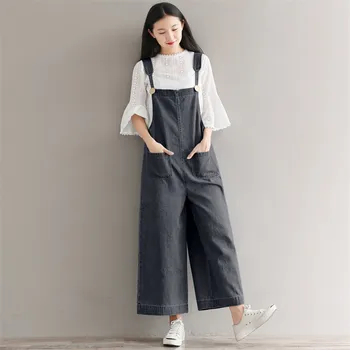Джинсовые комбинезоны Женские Летние в корейском стиле, Свободные широкие комбинезоны, винтажные женские синие мешковатые брюки