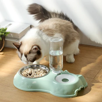 Миска для собак, миска для кормления кошек С бутылкой для воды для собак, Автоматическая поилка для домашних животных, Миска для кошачьего корма, Двойная миска для домашних животных из нержавеющей стали