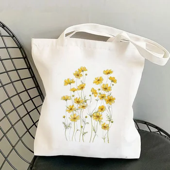 Покупательница, желтая сумка-тоут с цветочным принтом Cosmos, женская сумка-шоппер в стиле харадзюку, женская сумка для покупок на плечо, женская холщовая сумка