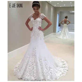 E JUE SHUNG, винтажные свадебные платья Русалки с открытой спиной, V-образный вырез, Короткие рукава, кружевные аппликации, свадебные платья для новобрачных, vestido de noiva