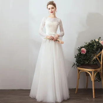 Простое белое кружевное свадебное платье 2019 Простые свадебные платья А-силуэта, Новое свадебное платье vestido de noiva с длинным рукавом.
