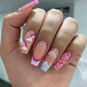 24шт розовые радужные накладные ногти, длинный гроб с сердечками, носимые французские акриловые типсы для ногтей с полным покрытием для девочек
