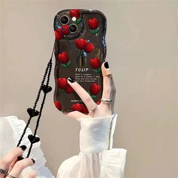 Корейский милый чехол-цепочка с цветами тюльпана и сердечком для телефона в корейском стиле для iPhone 14 13 12 11 Pro Max XR X XS 8 Plus с волнистой каймой на задней крышке