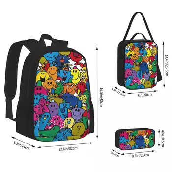 Рюкзаки с рисунком Mr Men Для мальчиков и девочек, сумка для книг, детские школьные сумки, мультяшный детский рюкзак, сумка для ланча, сумка для ручек, набор из трех предметов