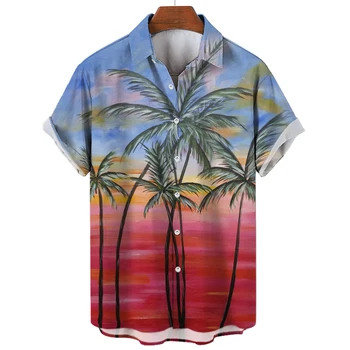 Гавайская пляжная рубашка для мужчин, топы с короткими рукавами и пуговицами на лацканах, уличная одежда в стиле харадзюку, мужская одежда с принтом кокосовой пальмы, футболки, блузки