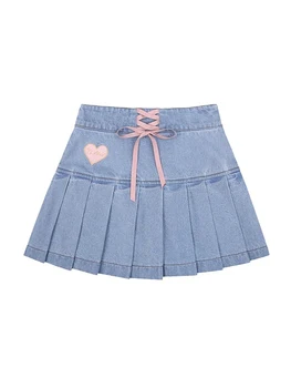 Мини-юбка Джинсовая плиссированная юбка с высокой талией Y2k, Дизайнерская Корейская новая модная одежда с бантиком и любовным рисунком, милые Милые девушки
