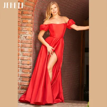 JEHETH Красное атласное вечернее платье трапециевидной формы с открытыми плечами, формальное женское платье для выпускного вечера с разрезом сбоку и бантом в виде сердца, длина до пола