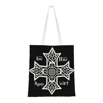 Коптский православный крест с принтом в кавайном стиле с изображением Иисуса Христа, Сына Божьего, сумки-тоут для покупок, Моющаяся холщовая сумка для покупок через плечо