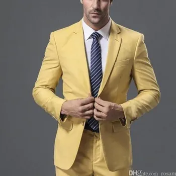 Желтый приталенный деловой мужской костюм, свадебные смокинги, одежда для жениха, 2 предмета (куртка + брюки) Костюмы для жениха, блейзер для шафера