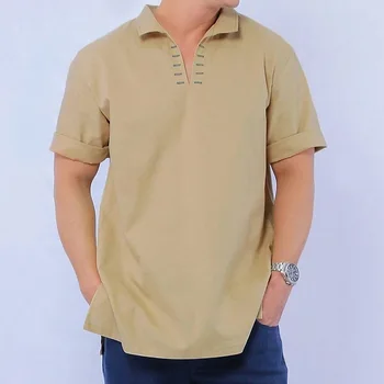 Мужская хлопковая однотонная рубашка-поло с воротником-стойкой и короткими рукавами, мужская свободная рубашка с V-образным вырезом