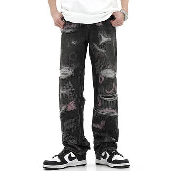 Джинсы в стиле Харадзюку с потрескавшимися отверстиями, Рваные Джинсы в стиле пэчворк, Мужские Черные прямые Свободные брюки Унисекс, джинсовые брюки Оверсайз