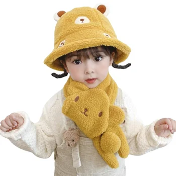Зимняя детская шапка и шарф с мультяшным медведем, детская шапочка для девочек и мальчиков, флисовая уличная теплая детская шапка, шапка-шарф