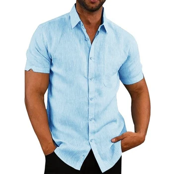 Горячая распродажа мужских рубашек с короткими рукавами из хлопка и льна, летние однотонные рубашки с отложным воротником, повседневный пляжный стиль, большие размеры