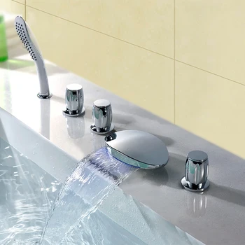 Смеситель для ванны из цельной латуни с 5 отверстиями и светодиодной подсветкой Для горячей и холодной воды, Водопадный кран для ванны с ручным душем
