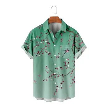 Рубашка с карманами, зеленый топ с 3D принтом, повседневная модная пляжная рубашка, мужские Гавайи, свободные, дышащие, с коротким рукавом