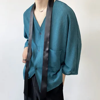 2022, летние рубашки с индивидуальным дизайном в корейском стиле, мужские повседневные свободные рубашки с рукавом три четверти для мужчин M-XL