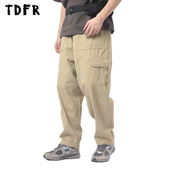 Брюки-карго с несколькими карманами, мужские повседневные брюки в стиле сафари, Свободные однотонные брюки с прямыми штанинами, брюки с эластичной талией, мужские брюки
