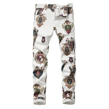 2023 Мужской значок, белые джинсы с 3D-принтом, модный цветной рисунок, облегающие брюки-стрейч, длинные брюки