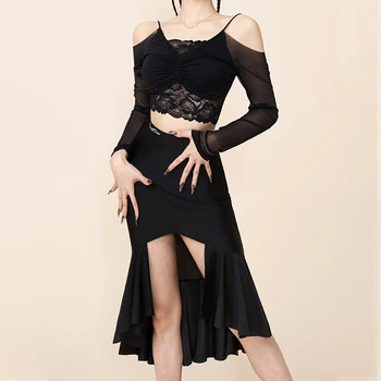 2023 Летняя одежда для латиноамериканских танцев, женские черные кружевные топы, сексуальная юбка с разрезом, платье для румбы, костюм для выступлений, платье для танцев для взрослых DNV17472