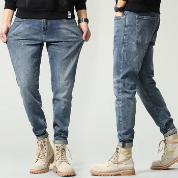 Европа и Соединенные Штаты, уличные джинсы, мужские осенне-зимние узкие брюки, мужские синие эластичные повседневные брюки, брюки