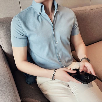 Сексуальный однотонный мужской Деловой Официальный Социальный Офис, Рубашки с коротким рукавом, высококачественная повседневная рубашка Slim Fit размера Плюс S-4XL