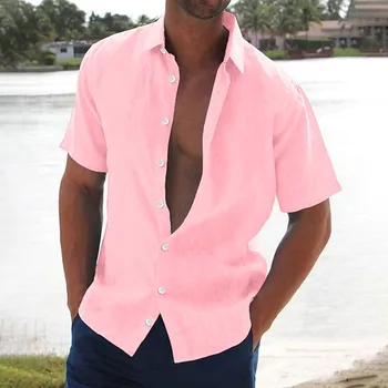Модные летние льняные рубашки 2023 года для мужчин, повседневные рубашки с короткими рукавами, блузки, уличная мужская одежда с однотонным отложным воротником