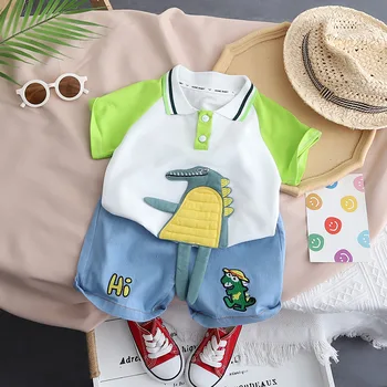 Летний детский повседневный комплект, хлопковая тонкая дизайнерская футболка с контрастным воротником, джинсовые шорты с коротким рукавом, детская одежда из двух предметов