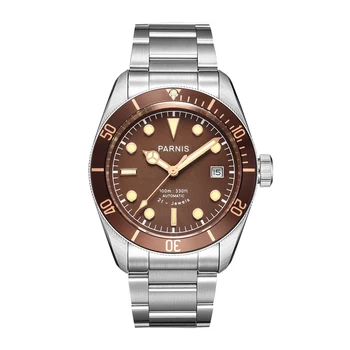 Модные мужские часы Parnis с коричневым циферблатом 41 мм, автоматические светящиеся мужские часы, сапфировое стекло, механические спортивные часы orologio uomo Man Clock