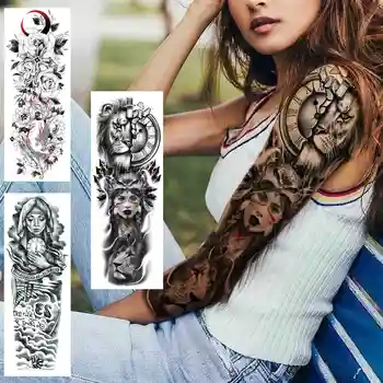 Индийский лев Во всю руку Большая татуировка Наклейка для женщин Мужчин взрослых Луна Роза Монахиня Временные татуировки Рукав Сексуальные водонепроницаемые поддельные Татуировки