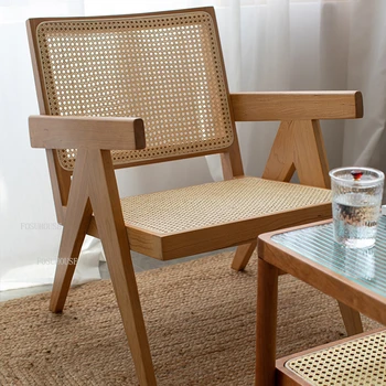 FOSUHOUSE Стулья для гостиной из массива дерева и ротанга Скандинавское Кресло для отдыха Мебель для дома Современный Креативный Обеденный стул на балконе