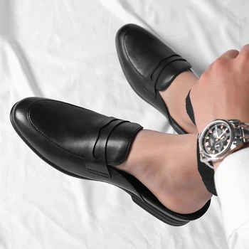 Мужские Классические Туфли Baotou С коротким Носком и Фасолиной Обувью, Дизайнерские Черные Полуботинки для Мужчин, Шлепанцы-Шлепанцы, Повседневная Мужская Модная Обувь