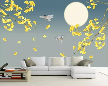 фотообои beibehang на заказ эстетическая концепция 3D лист гинкго лунная ночь цветы и птицы декоративная роспись стен