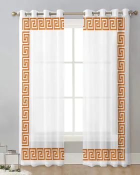 Оранжевый Геометрический узор в виде греческого ключа, роскошные тюлевые шторы для гостиной, кухни, прозрачные шторы, шифоновая занавеска на окно, домашний декор